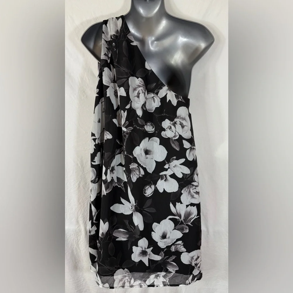 EXPRESS Black White Floral One Shoulder Lined Bow Chiffon Mini Dress SKU0624 - Picture 4 of 8